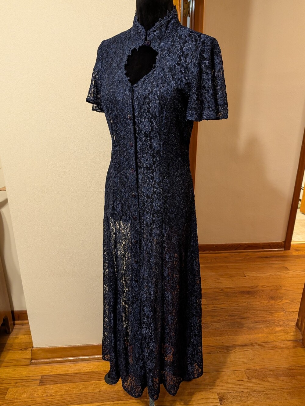 Joni Blair Vintage Navy Blue Floral Lace Mandarin Collar Tea Evening Dress